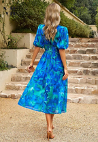 Women's Multicolor Floral Midi Dress Half Puff Sleeve V Neck Flowy Summer Boho Dress 6