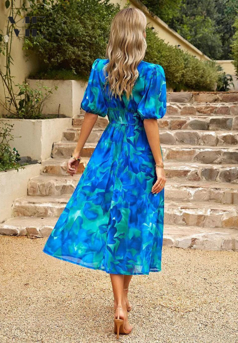 Women's Multicolor Floral Midi Dress Half Puff Sleeve V Neck Flowy Summer Boho Dress 6