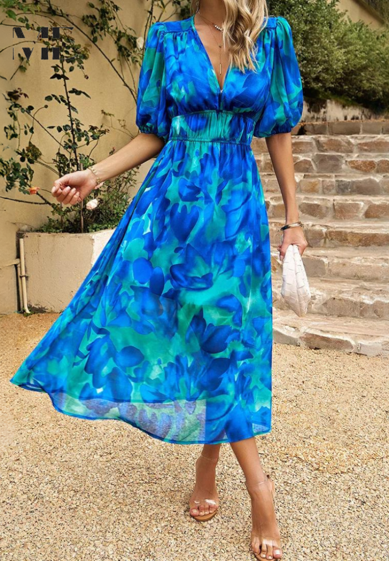 Women's Multicolor Floral Midi Dress Half Puff Sleeve V Neck Flowy Summer Boho Dress 8