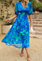 Women's Multicolor Floral Midi Dress Half Puff Sleeve V Neck Flowy Summer Boho Dress 8
