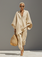 Women’s Neutral Textured Linen Blend Co-Ord Set – Asymmetric Hem Minimalist Daily Casual Outfit 1