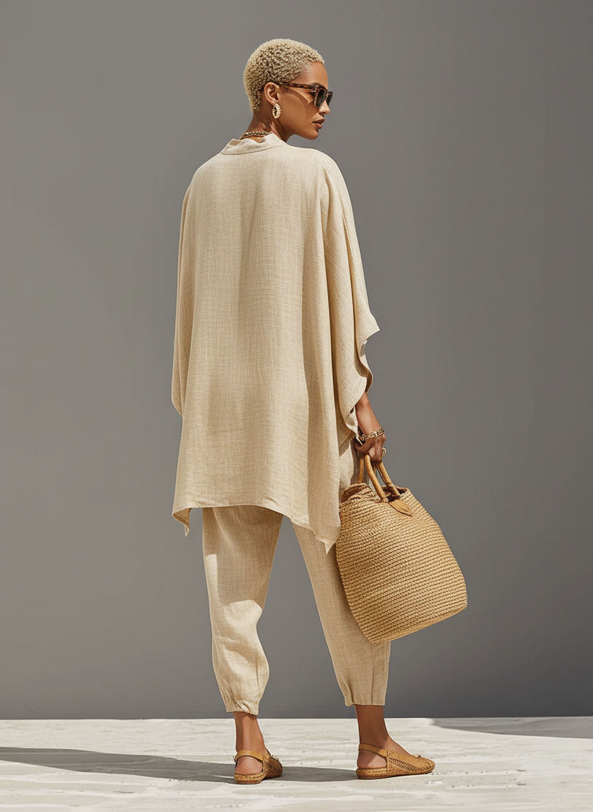 Women’s Neutral Textured Linen Blend Co-Ord Set – Asymmetric Hem Minimalist Daily Casual Outfit 6