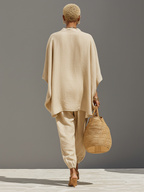 Women’s Neutral Textured Linen Blend Co-Ord Set – Asymmetric Hem Minimalist Daily Casual Outfit 7