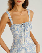 Women's White and Blue Floral Wide Strap Tie Bodice Midi Dress Casual Summer Sundress 1