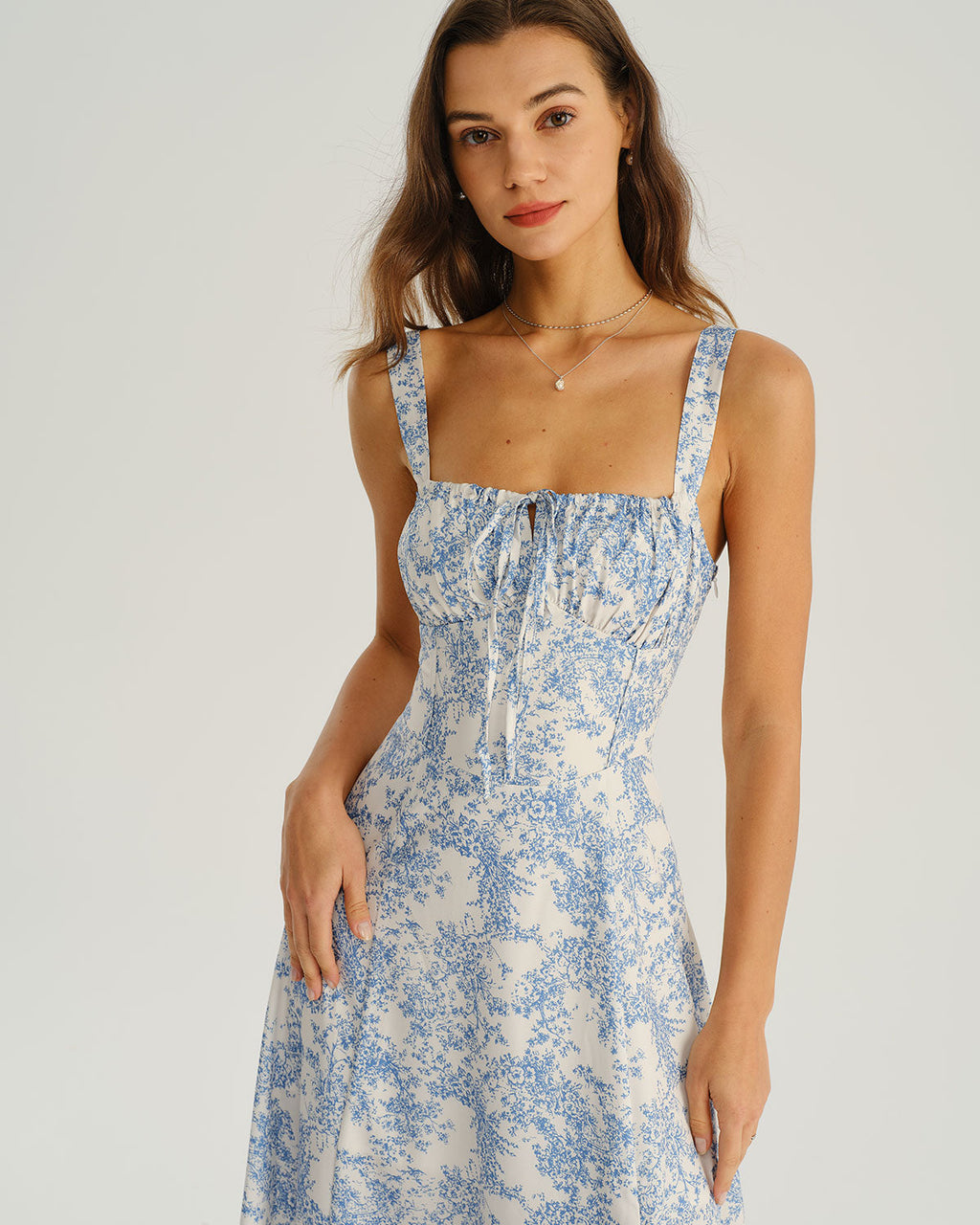 Women's White and Blue Floral Wide Strap Tie Bodice Midi Dress Casual Summer Sundress 2