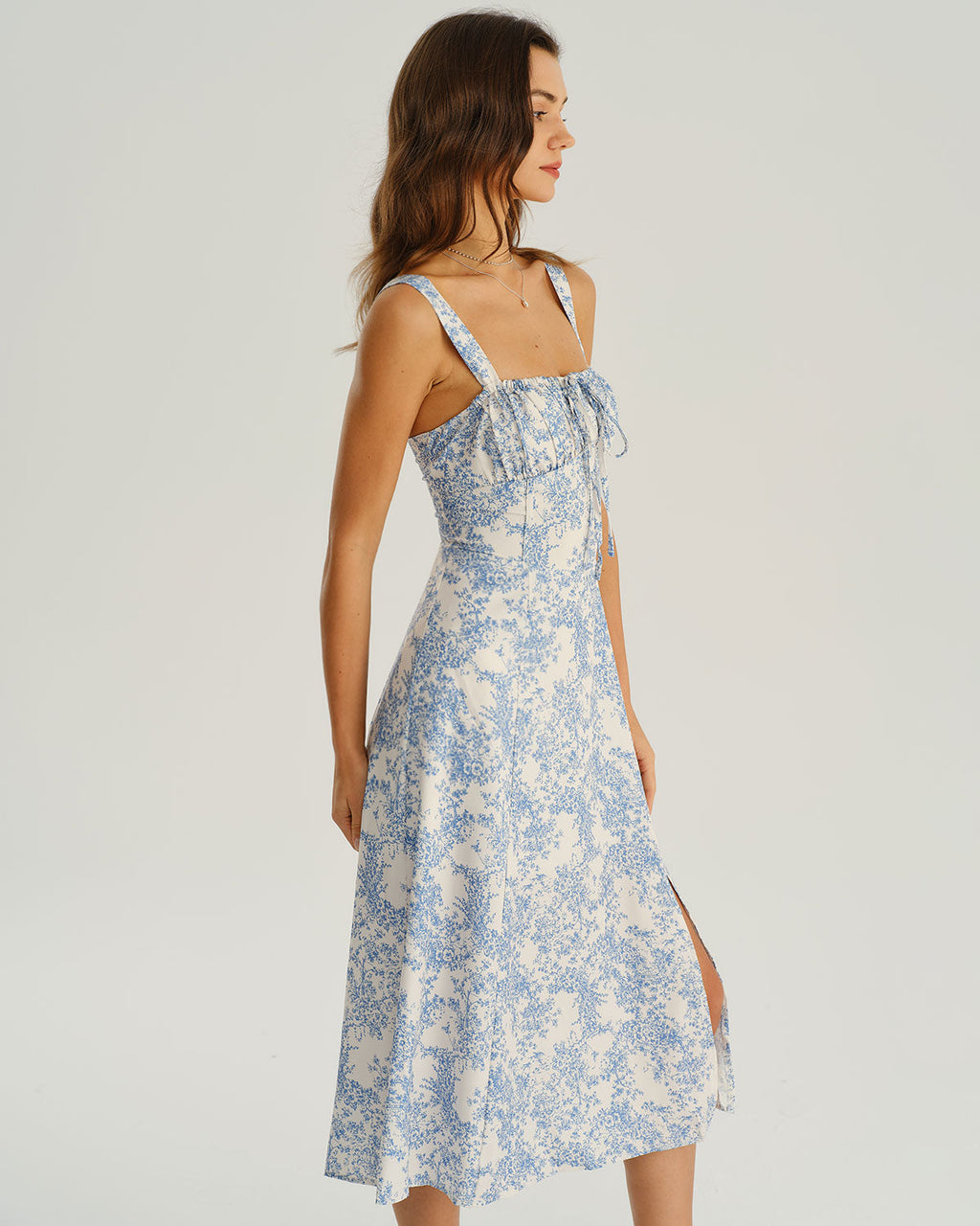 Women's White and Blue Floral Wide Strap Tie Bodice Midi Dress Casual Summer Sundress 3