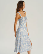 Women's White and Blue Floral Wide Strap Tie Bodice Midi Dress Casual Summer Sundress 3