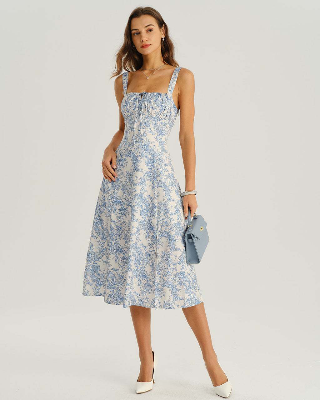 Women's White and Blue Floral Wide Strap Tie Bodice Midi Dress Casual Summer Sundress 4