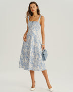 Women's White and Blue Floral Wide Strap Tie Bodice Midi Dress Casual Summer Sundress 4