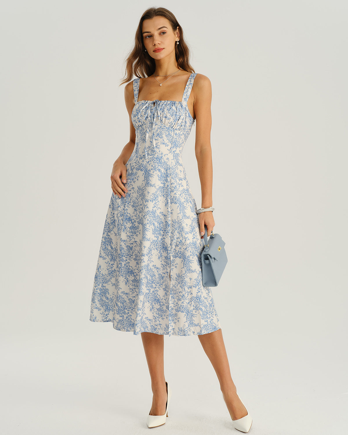 Women's White and Blue Floral Wide Strap Tie Bodice Midi Dress Casual Summer Sundress 4