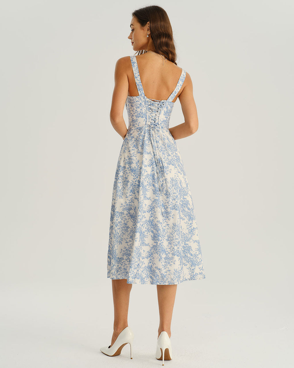 Women's White and Blue Floral Wide Strap Tie Bodice Midi Dress Casual Summer Sundress 5