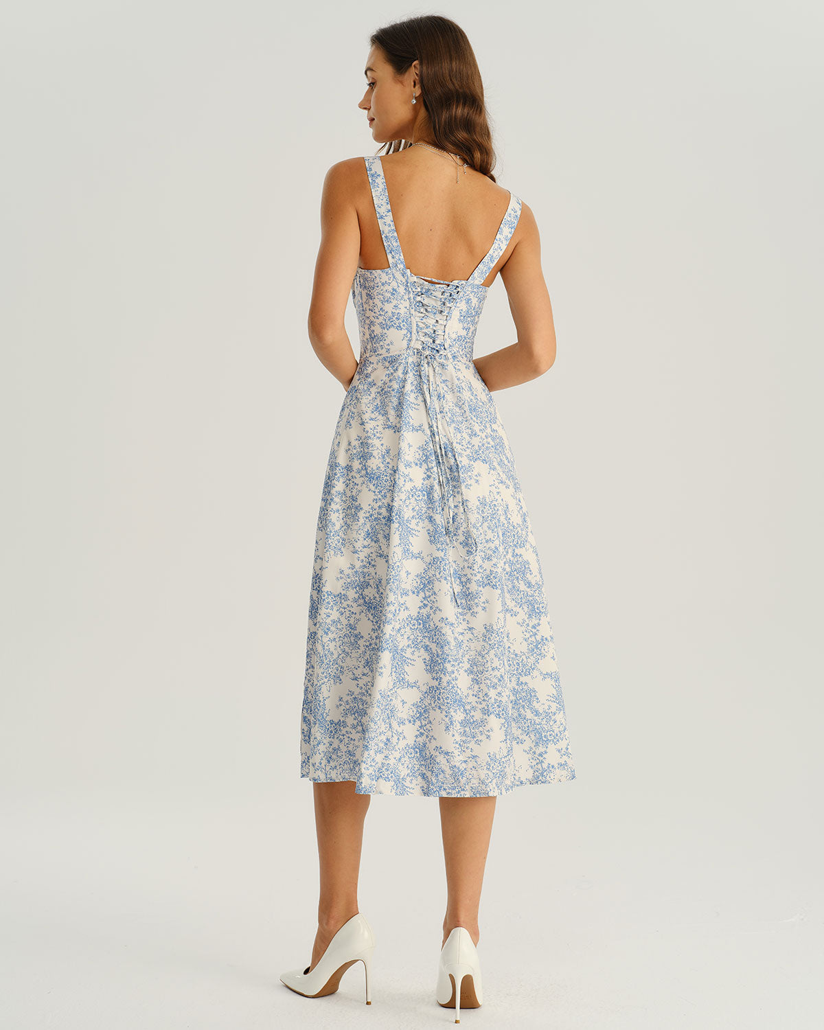 Women's White and Blue Floral Wide Strap Tie Bodice Midi Dress Casual Summer Sundress 5