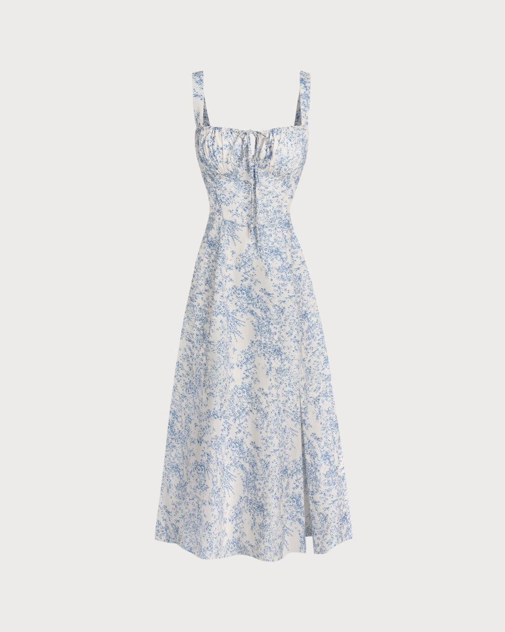 Women's White and Blue Floral Wide Strap Tie Bodice Midi Dress Casual Summer Sundress 6
