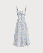 Women's White and Blue Floral Wide Strap Tie Bodice Midi Dress Casual Summer Sundress 6