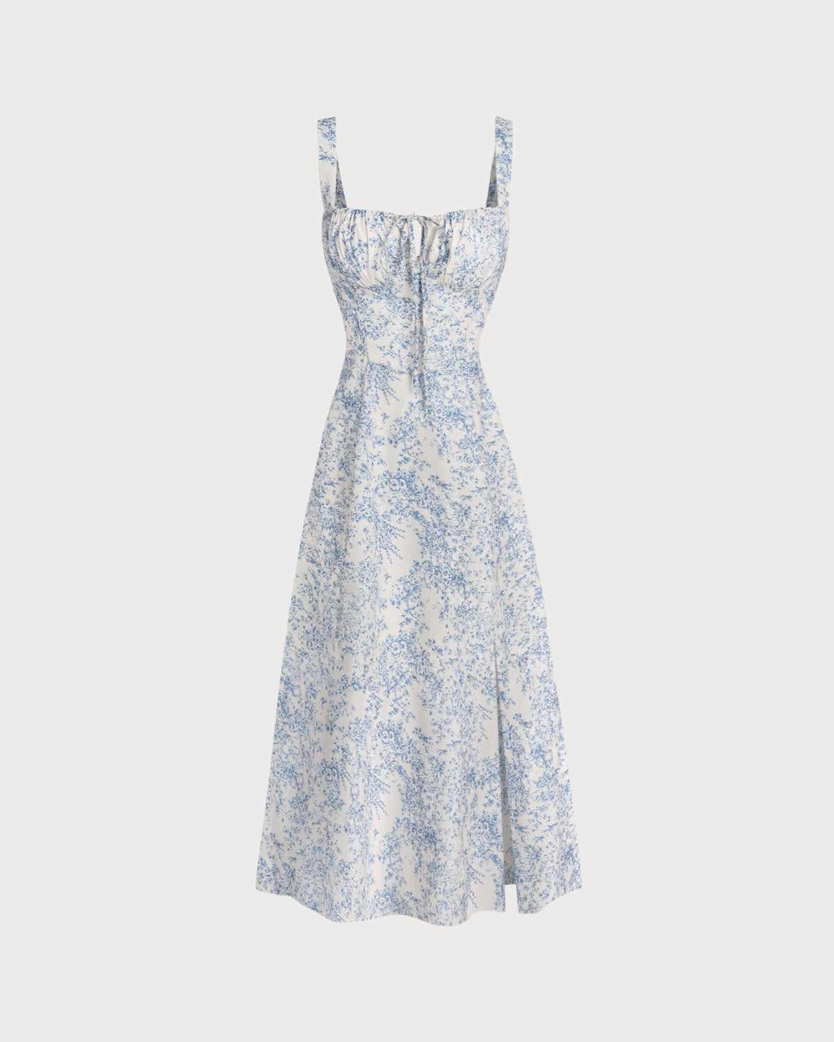 Women's White and Blue Floral Wide Strap Tie Bodice Midi Dress Casual Summer Sundress 6