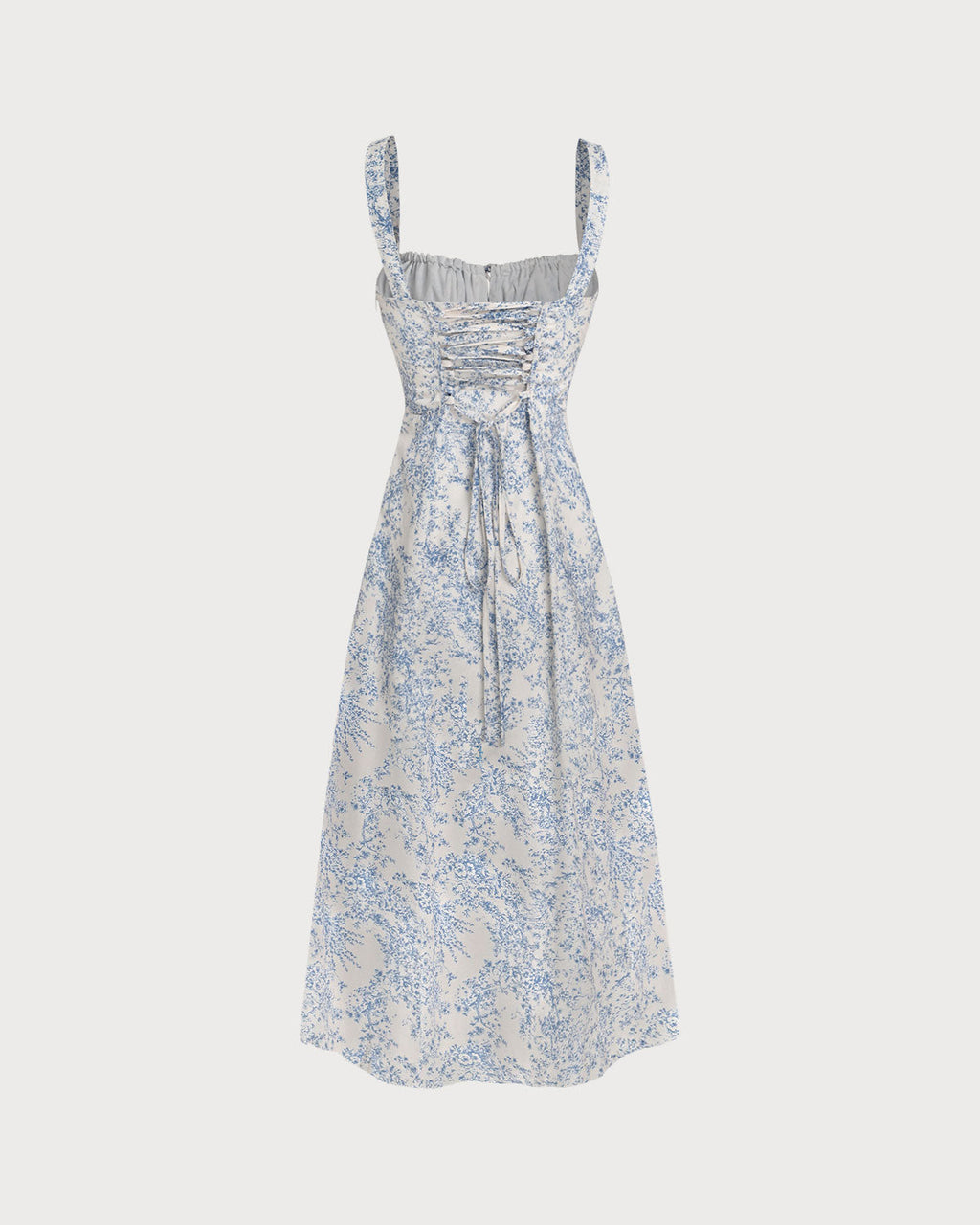 Women's White and Blue Floral Wide Strap Tie Bodice Midi Dress Casual Summer Sundress 7