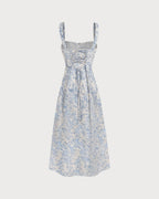 Women's White and Blue Floral Wide Strap Tie Bodice Midi Dress Casual Summer Sundress 7